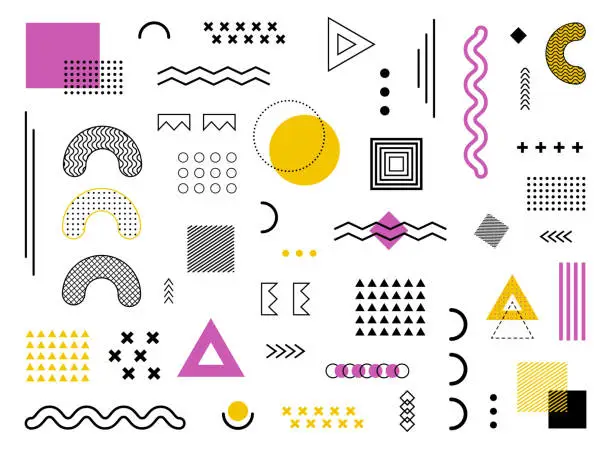 Vector illustration of geometric design geometric background with abstract element shapes. Graphic funky texture for holiday poster, card social media. Abstract pattern with circle, halftone dots. Geometry banner. vector