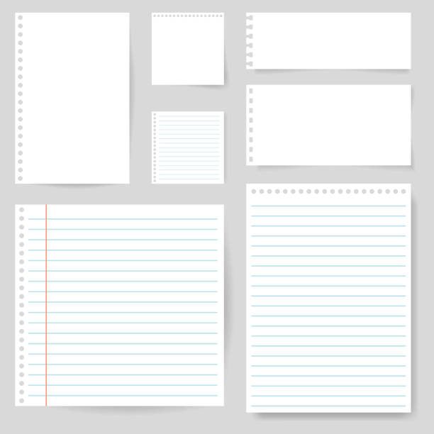 ilustrações de stock, clip art, desenhos animados e ícones de set of paper blank with line for note, mail, shcool. torn sheet of paper page. square and lined paper for notice, write memo, text. empty ripped notepaper on isolated background. vector - papel ilustrações