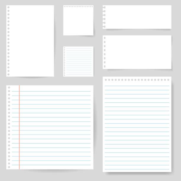 Set of paper blank with line for note, mail, shcool. Torn sheet of paper page. Square and lined paper for notice, write memo, text. Empty ripped notepaper on isolated background. vector Set of paper blank with line for note, mail, shcool. Torn sheet of paper page. Square and lined paper for notice, write memo, text. Empty ripped notepaper on isolated background. vector eps10 letter document stock illustrations