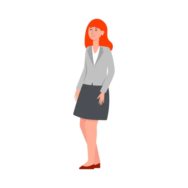 Vector illustration of Smiling insecure standing woman in blazer and skirt flat cartoon style