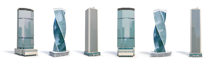 Set of different skyscraper buildings isolated on white. 3d illustration