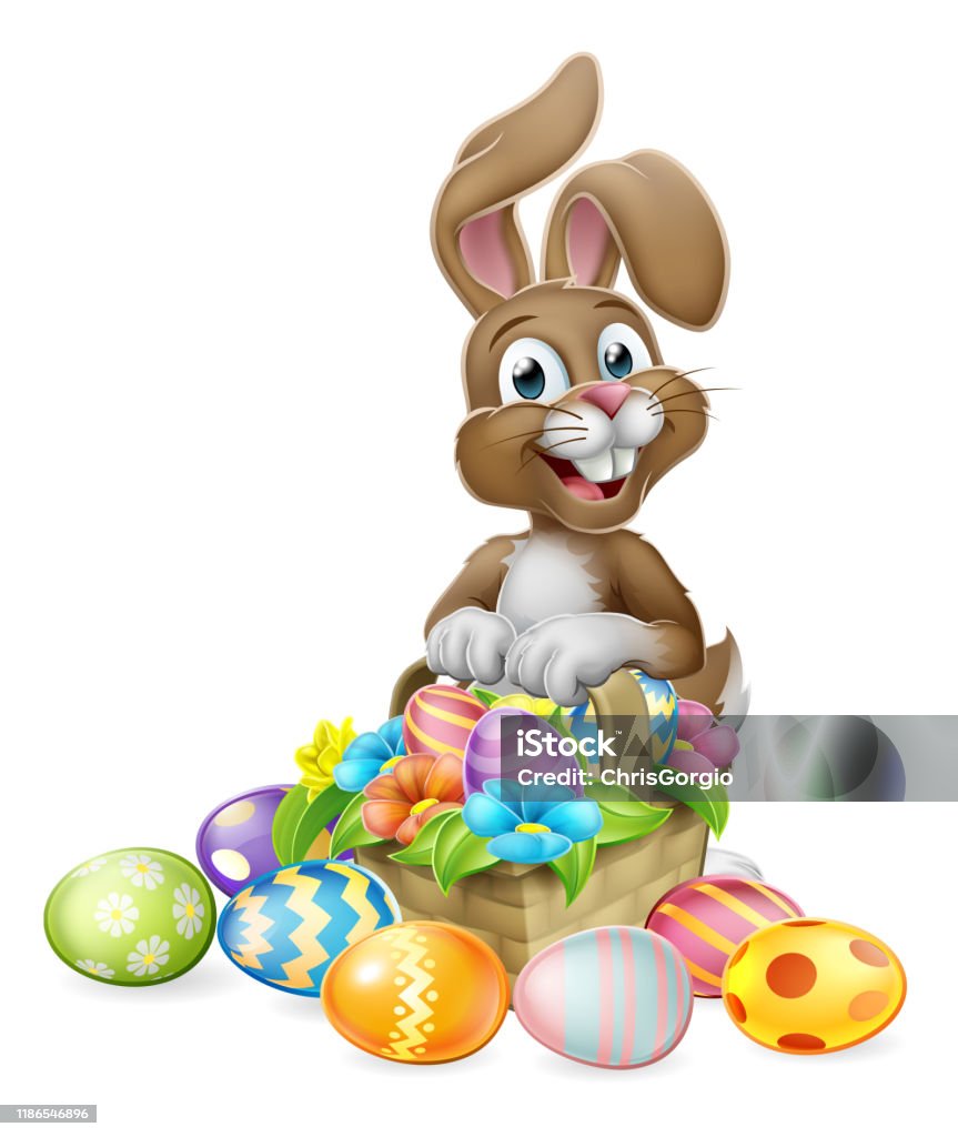 Conejo de Pascua Conejo Huevos Caza Basket Dibujos animados - arte vectorial de Conejo de pascua libre de derechos