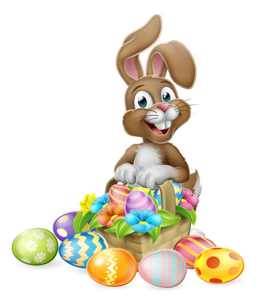 ilustraciones, imágenes clip art, dibujos animados e iconos de stock de conejo de pascua conejo huevos caza basket dibujos animados - easter bunny