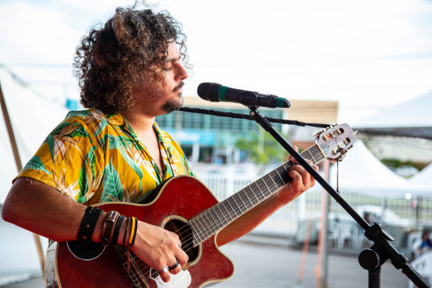 istock Man singing and playing acustic guitar at a concert 1186546909