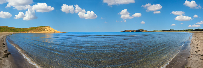 Sandy beach morning landscape, Narta Lagoon, Vlore, Albania. Multi shots stitch high-resolution panorama.