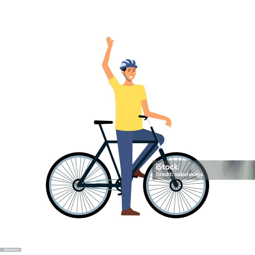 Cartoon Man With Bicycle Standing And Waving Happy Male Cyclist With Helmet  Stopped On Bike Ride To Greet Someone Stock Illustration - Download Image  Now - iStock