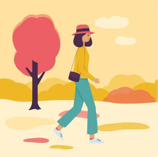 Vector illustration of Young girl walking in orange and yellow autumn background, cartoon woman in stylish outfit going through a park in fall season enjoying nature