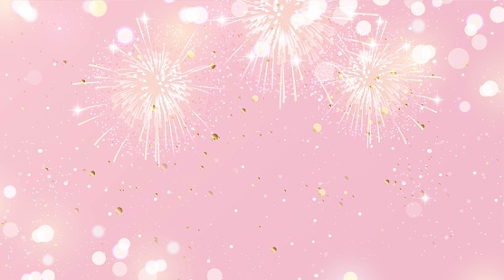 Festive background with fireworks and lights in pink and gold colors. Vector illustration