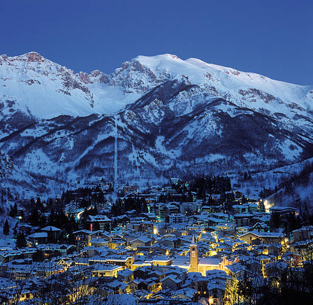 Italy Lemon Piedmont panorama with snow stock photo