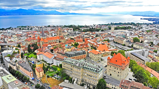 Lausanne aerial view with historical landmarks