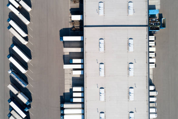 istock Aerial View of Trucks at Warehouse 1186570851