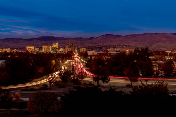 istock Boise skyline blue hour with streaking car lights 1186573416