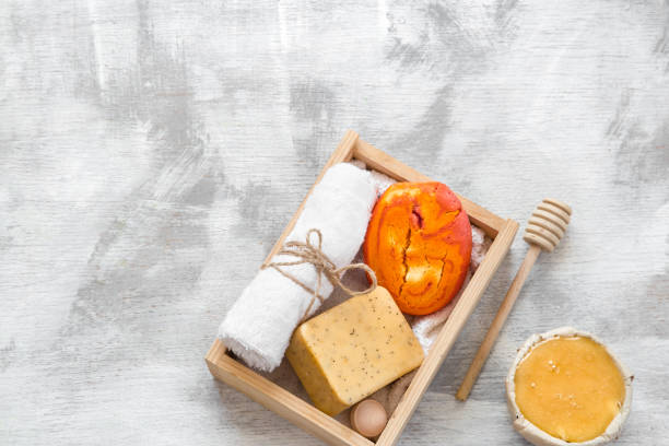 istock Spa skin care items in wooden box . 1186579956