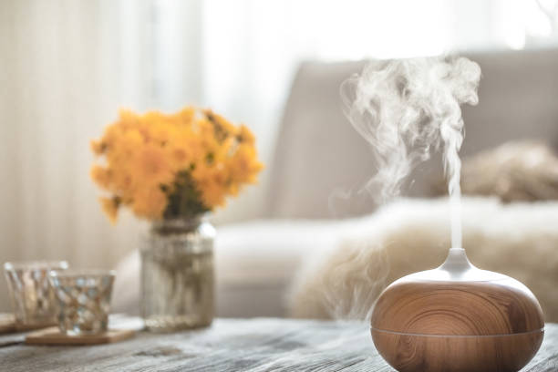 humidificador en la mesa en la sala de estar. - humidifier steam home interior appliance fotografías e imágenes de stock