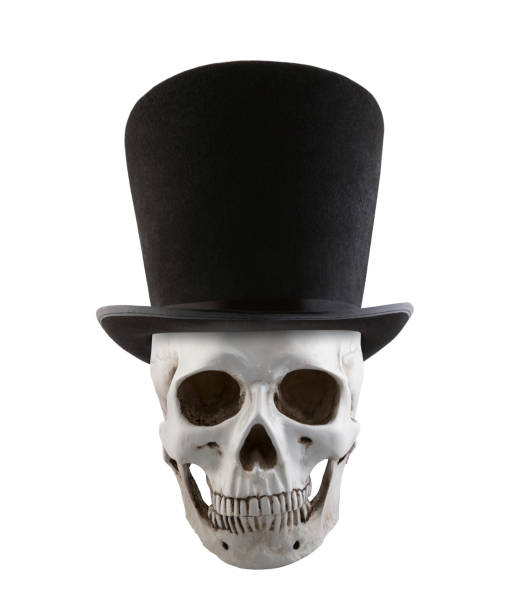 Human skull with extra tall black vintage top hat isolated on white background Human skull with extra tall black vintage top hat isolated on white background mister death stock pictures, royalty-free photos & images