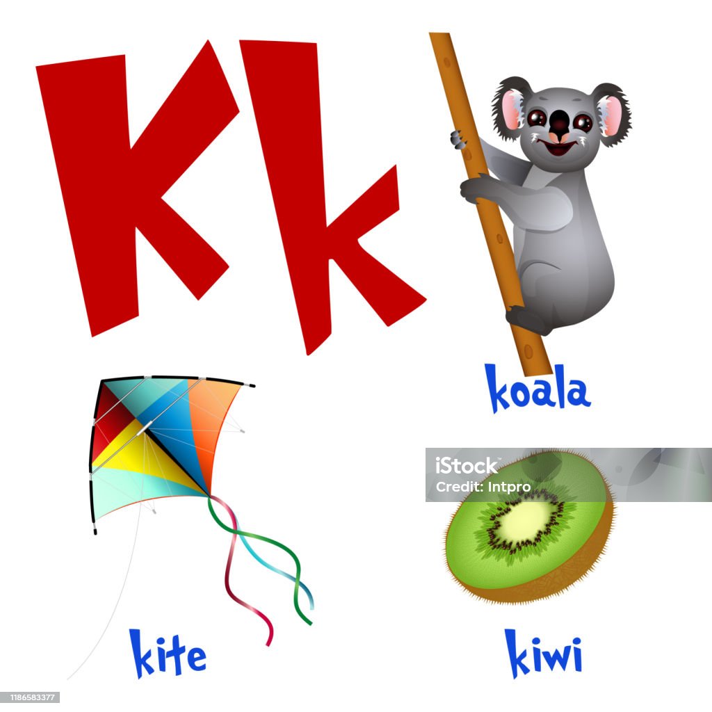 Un K Vector Cute Kids Cartoon Alphabet Letter K With Kite Koala And Kiwi ...