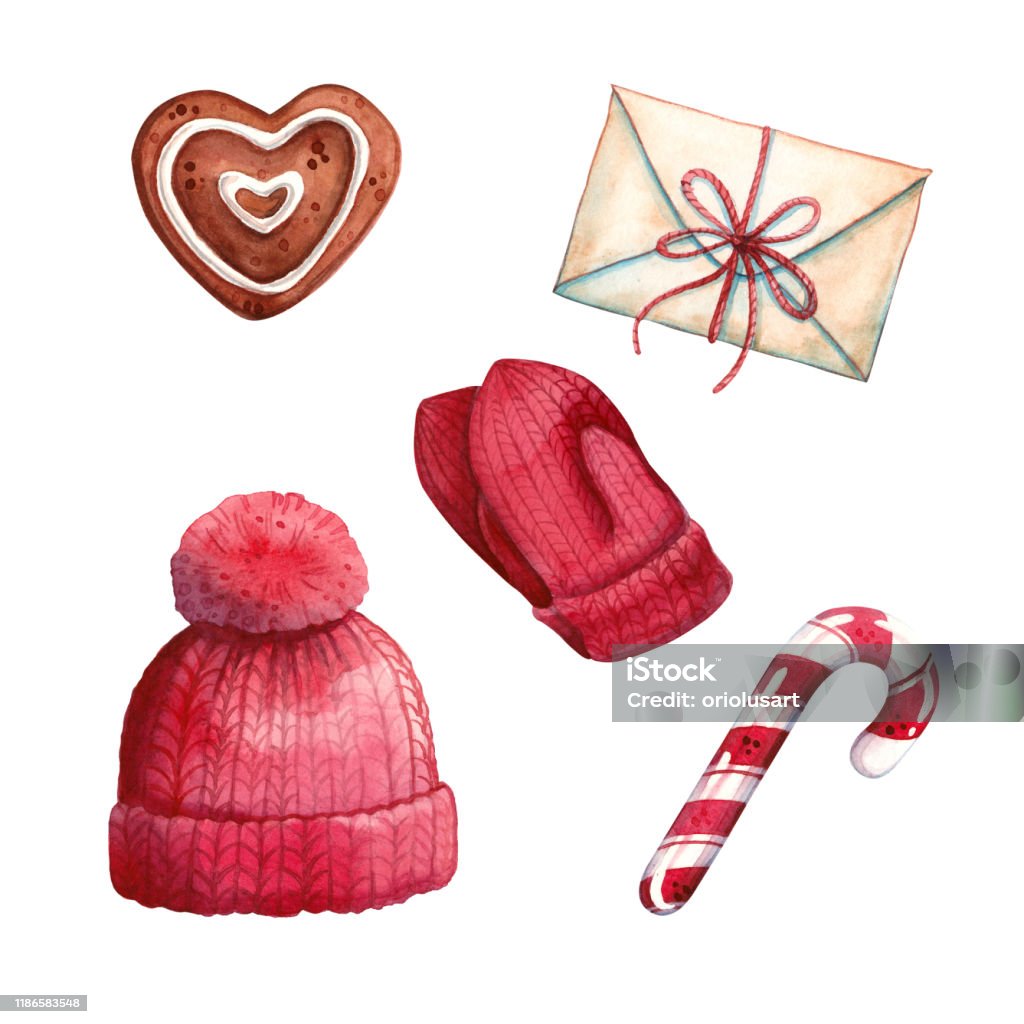 Hand Drawn Watercolor Illustration Clip Art Set Of Heart Shaped Gingerbread  Letter In Envelope Candy Cane And Red Knitted Hat With Mittens Isolated On  White Christmas Hygge And Winter Holidays Stock Illustration 