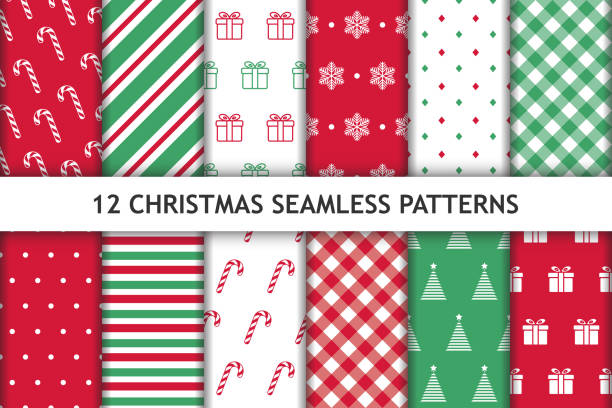 illustrations, cliparts, dessins animés et icônes de ensemble de 12 modèles sans couture de noel. rouge, vert et blanc de couleur. les antécédents du nouvel an. peut être employé pour l'impression textile, les papiers d'emballage etc.  illustration de vecteur. - seamless pattern backgrounds paper