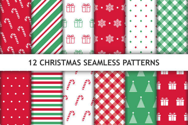 12 크리스마스 원활한 패턴의 집합입니다. 빨간색, 녹색 및 흰색 색상입니다. 새해 배경입니다. 섬유 인쇄, 포장 지 등에 사용할 수 있습니다.  벡터 그림입니다. - pattern christmas paper seamless christmas stock illustrations
