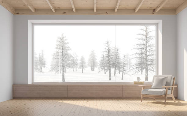 stanza vuota con sfondo scena neve rendering 3d - luxury hotel looking through window comfortable foto e immagini stock