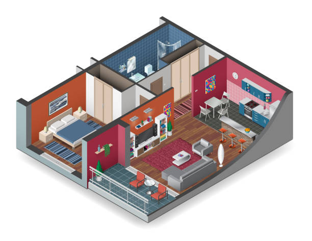 Apartment Isometry Highly detailed isometric vector drawing of an apartment. bathroom designer shower house stock illustrations