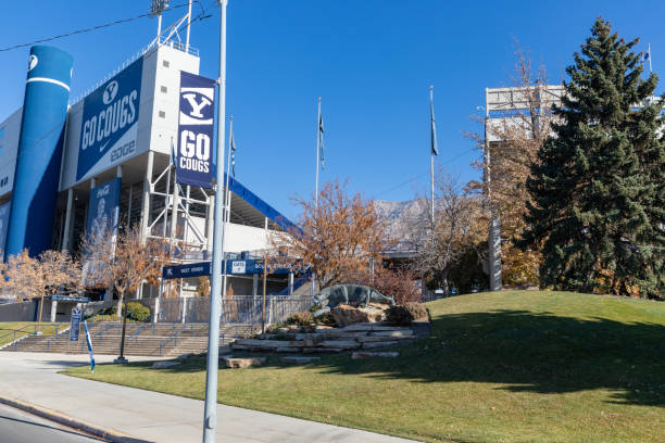 Brigham Young University football Stadium with Cougar statue November 9, 2019 - Provo, UT, USA: Lavell Edwards Stadium on the campus of Brigham Young University, primarily used for college football brigham young university stock pictures, royalty-free photos & images