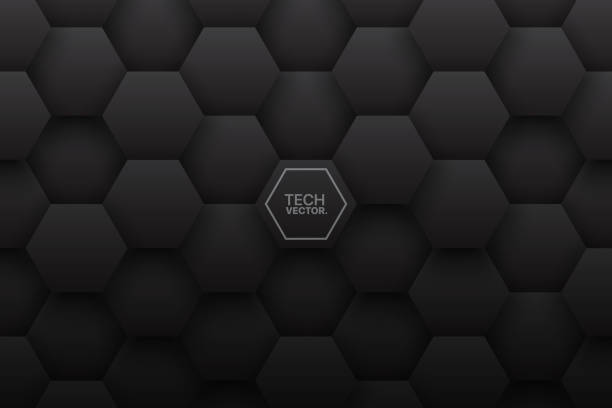 Tech 3D Vector Hexagonal Structure Pattern Black Abstract Background Tech 3D Vector Hexagonal Structure Pattern Black Abstract Background. Science Technology Three Dimensional Hex Blocks Conceptual Dark Gray Wallpaper. Clear Blank Subtle Textured Backdrop metal architecture abstract backgrounds stock illustrations