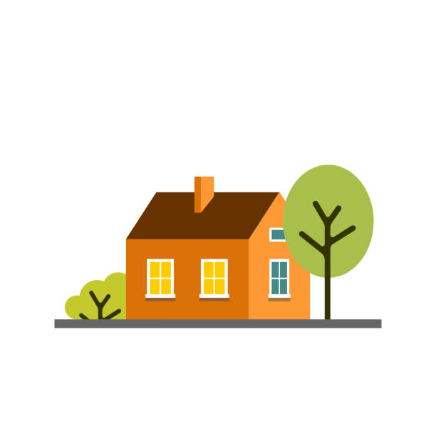 маленький мультяшный оранжевый дом с деревьями, изолированная векторная иллюстрация - village community town house stock illustrations