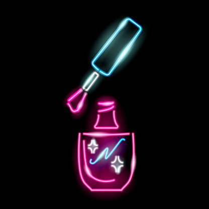 Neon icon of nail polish isolated on black background. Manicure, beauty or fashion logo. Element of design for cosmetic, girly or female concept. Vector 10 EPS illustration.
