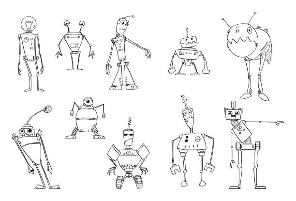 Vector Drawing Illustration Set Of Funny Retro Robots Stock Illustration - Download Image iStock