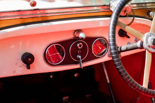 istock Dashboard and steering wheel of an old car 1186604642