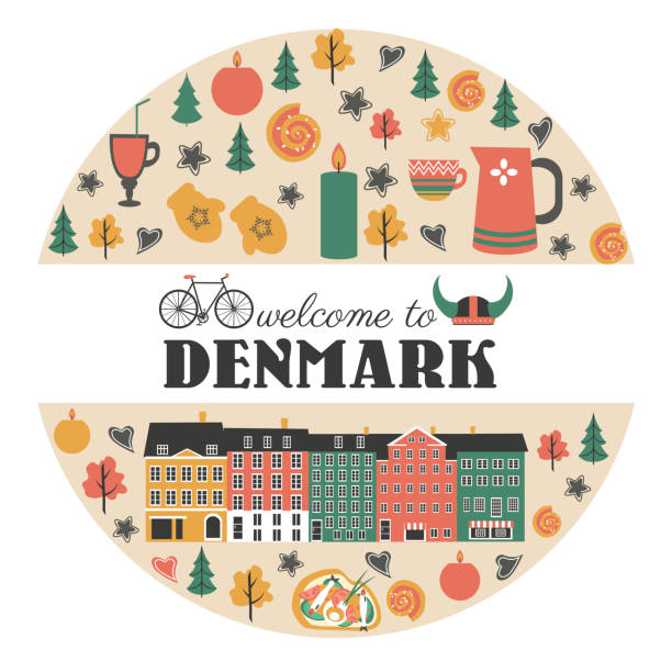 Danish symbols set in round frame with traditional food, travel icons vector illustration isolated, Nordic country landmark Copenhagen City Hall, candles, food, sweet, tableware, clothing for design Danish symbols set in round frame with traditional food, travel icons vector illustration isolated, Nordic country landmark Copenhagen City Hall, candles, food, sweet, tableware, clothing for design nyhavn stock illustrations