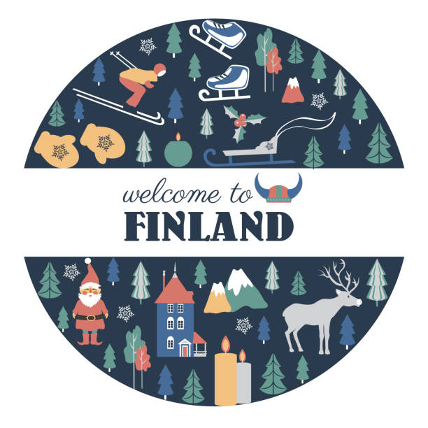 illustrazioni stock, clip art, cartoni animati e icone di tendenza di finlandia viaggio cartone animato vettoriale cornice rotonda, punto di riferimento finlandese, moomin house nel mondo park moomin, oulu, animali, illustrazione di edifici piatti, sfondo scandinavo invernale decorativo per il design del viaggio - moomin world