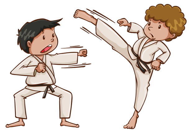 ilustrações, clipart, desenhos animados e ícones de dois miúdos que jogam o karate - martial arts child judo computer graphic