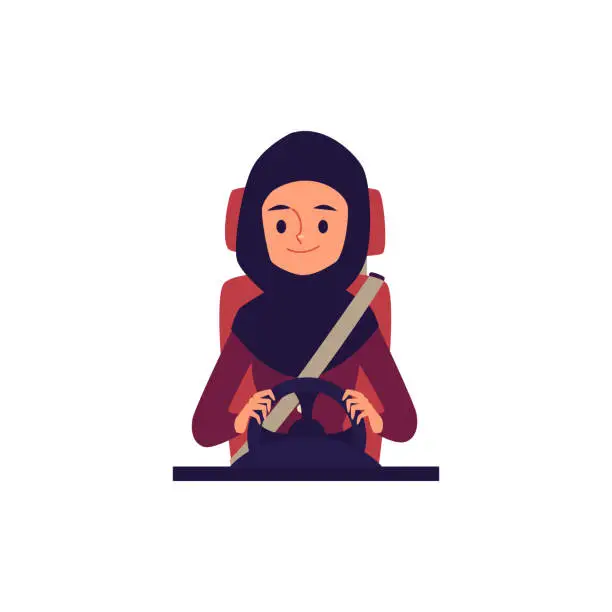 Vector illustration of A muslim and arab young woman driver sits at the wheel wearing a seatbelt and smiles.