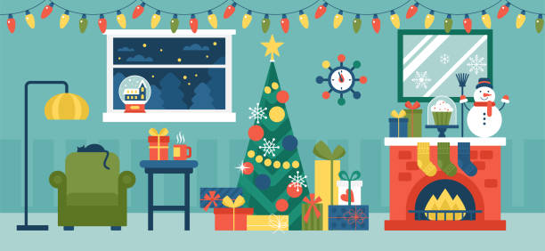 gemütliche weihnachten urlaub dekoriert wohnzimmer interieur mit weihnachtsbaum, git boxen, kamin und sessel - home decorating showcase interior living room home interior stock-grafiken, -clipart, -cartoons und -symbole