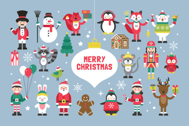 Cute christmas characters and animals for graphic and web design vector art illustration