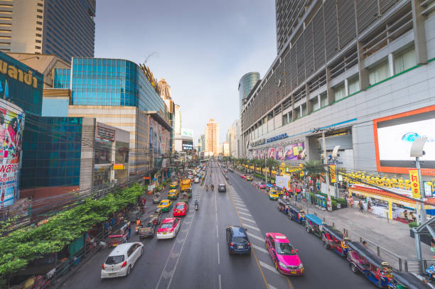 Panoramic view Cityscape business district from aerial view high building at dusk (siam silom central Bangkok, Thailand)
