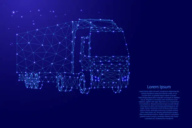 Vector illustration of Cargo truck with semi-trailer from futuristic polygonal blue lines and glowing stars for banner, poster, greeting card. Vector illustration.