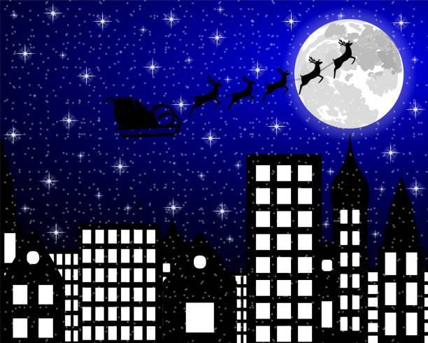 istock Santa Claus flies reindeer in harness over night city 1186648314