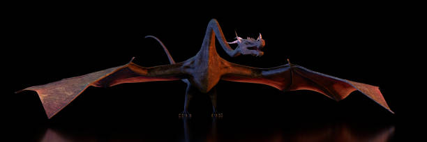 istock dragon, mythological creature on a shiny black stage background (3d fantasy render banner) 1186648724