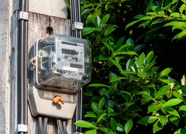 istock Electricity meter Fence posts for unit calculation Energy spending on wooden posts 1186651506