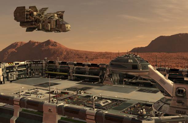 istock Mars colony. Expedition on alien planet. Life on Mars. 3d Illustration. 1186653234