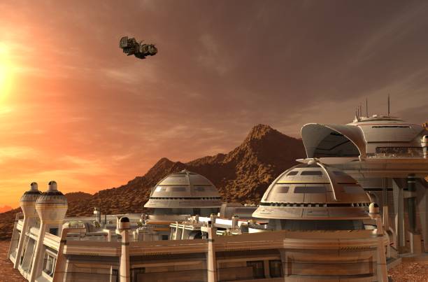 Mars colony. Expedition on alien planet. Life on Mars. 3D Illustration stock photo