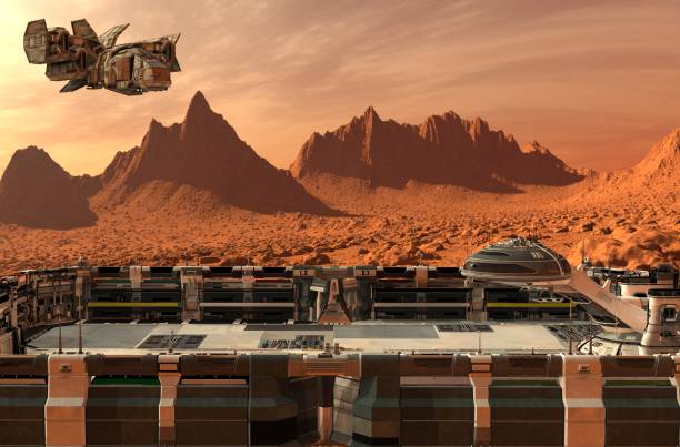 istock Mars colony. Expedition on alien planet. Life on Mars. 3d Illustration. 1186654461