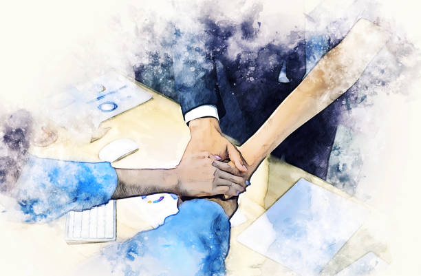 Abstract colorful handshake business partner for agreement success on watercolor illustration painting background. stock photo
