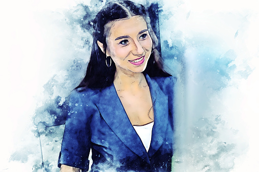 Abstract colorful beautiful business woman smile portrait and sitting in the offices on watercolor illustration painting background.