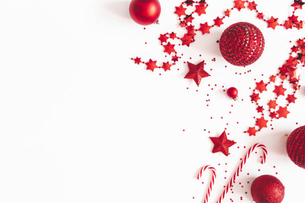 istock Christmas composition. Red decorations on white background. Christmas, winter, new year concept. Flat lay, top view, copy space 1186657772