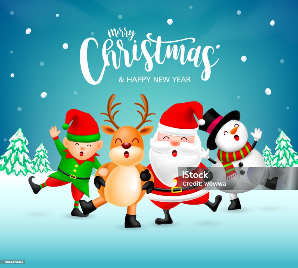 Grappige Kerst Karakters Ontwerp Op Sneeuw Achtergrond Kerstman Sneeuwpop  Elf En Rendieren Stockvectorkunst En Meer Beelden Van Acteren - Istock