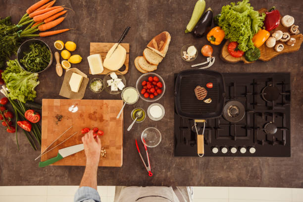istock Flat lay of table with ingredients and utensils for steak cooking process 1186663778